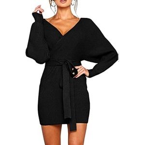 Long Sleeve Knit V Cut Mini Dress